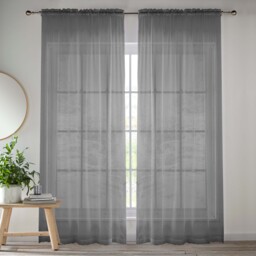 Pair of Slot Top Sheer Plain Woven Voile Curtain Panels - Grey / 137cm - thumbnail 5