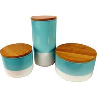 Set of Three Canisters Aqua Green Ceramic Storage Jars with Lids - Light Green