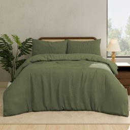 Chunky Waffle Duvet Cover Set Olive Green - Green / 135cm - thumbnail 3
