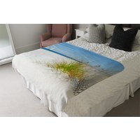 Dune Fence By Sea Grass With Sailboat On Horizon Blanket - Blue - image 1