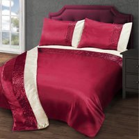 Satin Pleated Faux Silk Duvet Cover and Pillowcase Set - Burgundy / Cream / Single - image 1
