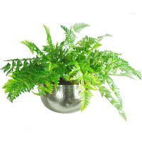 Large Artificial Ferns Display with XL Metal Silver Bowl Planter - Green