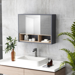 HOMCOM Bathroom Wall Mounted Mirror Cabinet Grey - Grey - thumbnail 3