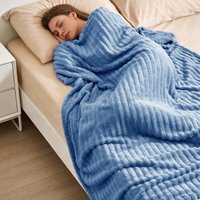 Reversible Fluffy Striped Throw Blanket  - Blue / 200cm L x 180cm W