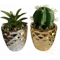 Set of Two Silver and Gold Ceramic Planters Artificial Cactus and Dracaena - Green