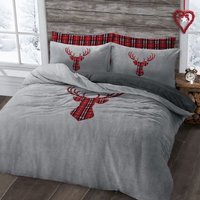 Stag Head Silver Teddy Soft Cosy Fleece Duvet Set - Silver  / Single