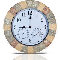 "Stone Effect 13"" Outdoor Wall Clock with Thermometer and Hygrometer - Neutral"