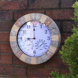 "Stone Effect 13"" Outdoor Wall Clock with Thermometer and Hygrometer - Neutral" - thumbnail 2