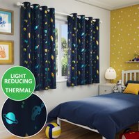 Pair of Infinity Room Darkening Thermal Blue Metallic Print Eyelet Curtains - Blue / 117cm / 183cm