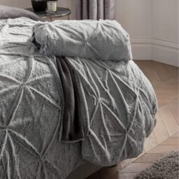 Luxurious Rouched Faux Fur Fleece Duvet Cover with Pillowcases - Grey / Single - thumbnail 3
