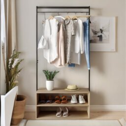 Coat Rack Stand With 2 Storage Shelves Hallway Furniture - Oak - thumbnail 5