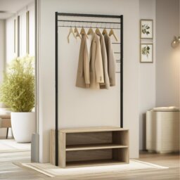 Coat Rack Stand With 2 Storage Shelves Hallway Furniture - Oak - thumbnail 3