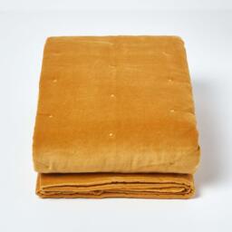 Homescapes Velvet Quilted Throw with Stitch - Mustard / 150cm - thumbnail 3
