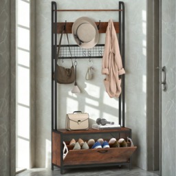 Industrial Entryway Hall Tree Coat Rack Stand With Shoe Storage and 10 Hooks - Rustic Brown - thumbnail 3