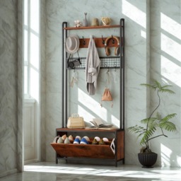 Industrial Entryway Hall Tree Coat Rack Stand With Shoe Storage and 10 Hooks - Rustic Brown - thumbnail 2