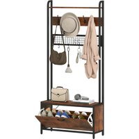Industrial Entryway Hall Tree Coat Rack Stand With Shoe Storage and 10 Hooks - Rustic Brown