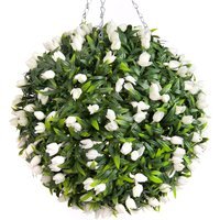 Best Artificial 38cm White Lush Tulip Hanging Basket Flower Topiary Ball - White