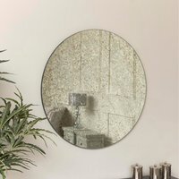 Large Round Silver Antique Glass Mirror 80cm x 80cm - Silver, black