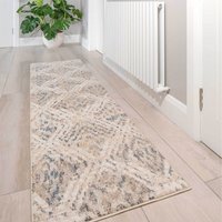 Beige Blue Distressed Diamond Geometric Living Area Rug - Beige / 240 x 60cm - thumbnail 1