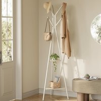 Hall Tree Stand with Hooks and 2 Storage Shelves, Industrial Style Coat Rack, Natural and White - Natural Beige, Pearl White