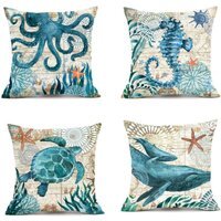 Set of 4 Marine Life Cushion Covers - Blue
