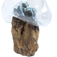 Molten Glass on Wood Bowl Handmade Recycled Glass Bali Gamel Stand - Turquoise - image 1