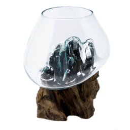 Molten Glass on Wood Bowl Handmade Recycled Glass Bali Gamel Stand - Turquoise - thumbnail 3