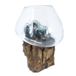 Molten Glass on Wood Bowl Handmade Recycled Glass Bali Gamel Stand - Turquoise - thumbnail 4