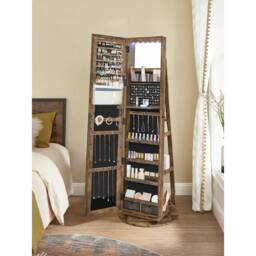 SONGMICS Swivel Mirror Jewellery Cabinet, 6 LEDs, Lockable - Rustic Brown+Black - thumbnail 4