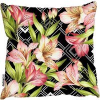 Alstroemeria flowers on abstract white black geometric background Cushion - green / 45cm