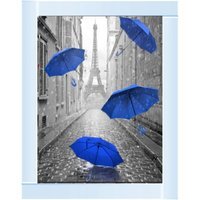 Parisienne Street Blue Umbrellas Glitter Liquid Wall Art Dcor - Silver