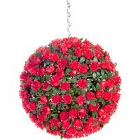 Best Artificial 23cm Red Rose Hanging Basket Flower Topiary Ball - Red