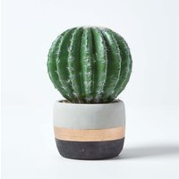 Homescapes Golden Barrel Artificial Cactus in Contemporary Stone Pot, 19 cm Tall - Green