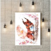 Curious Red squirrel Canvas Wall Art - Brown / 30 x 20 in / Red Squirrel and Blossom