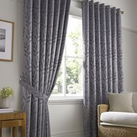 Faux Silk Dupion Leaf Jacquard Ring Top Curtains - Silver / 137cm / 168cm