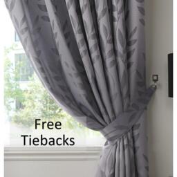 Faux Silk Dupion Leaf Jacquard Ring Top Curtains - Silver / 137cm / 168cm - thumbnail 2