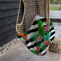 Tropical Plants On Black  White Stripes Blanket - Green - thumbnail 1