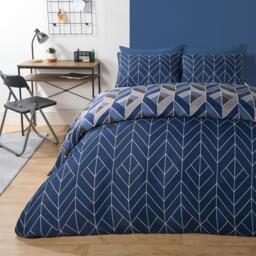 Geo Chevron Duvet Cover Set - Navy Blue/Beige / Single - thumbnail 2