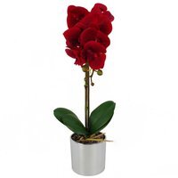 Artificial Orchid in Plastic Decorative Pot - Red Silver