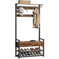 Industrial Hall Tree Coat Rack Shoe Storage Bench - Brown