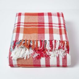 Tartan 100 Cotton Falun Throw with Tassels - Red / 255cm - thumbnail 2