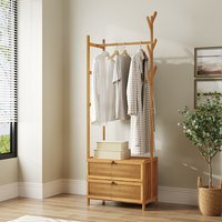 Multi-functional Wooden Coat Rack with Storage Drawers - Natural Wood