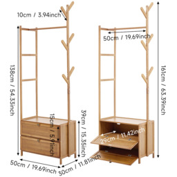 Multi-functional Wooden Coat Rack with Storage Drawers - Natural Wood - thumbnail 2