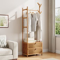 Multi-functional Wooden Coat Rack with Storage Drawers - Natural Wood