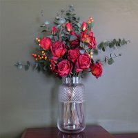 Red Rose and Eucalyptus Glass Diamond Vase - 60cm Red Rose Eucalyptus Glass Diamond Vase