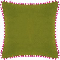 Velvet Pom Pom Cushion 45 x 45cm - Green-Fuchsia / Feather