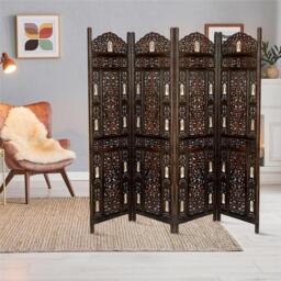 4 Panel Heavy Carved Wooden Room Divider Screen Bells - Brown / Dark Brown - thumbnail 3