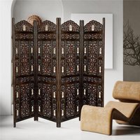 4 Panel Heavy Carved Wooden Room Divider Screen Bells - Brown / Dark Brown - thumbnail 1