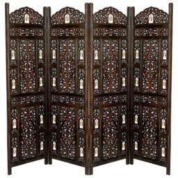 4 Panel Heavy Carved Wooden Room Divider Screen Bells - Brown / Dark Brown - thumbnail 4