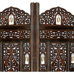4 Panel Heavy Carved Wooden Room Divider Screen Bells - Brown / Dark Brown - thumbnail 5